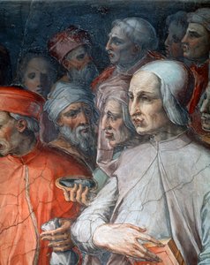 Marsilio Ficino flankerad av Paolo del Pozzo Toscanelli, detalj av Cosimo den äldre bland filosofer och konstnärer av Giorgio Vasari