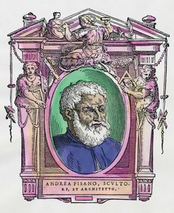 Porträtt av Andrea Pisano (1290-1349) italiensk skulptör och arkitekt. Gravering av godbiten "" Livet för de mest utmärkta målarna, skulptörerna och arkitekterna "" (Le Vite de