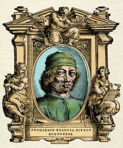 Porträtt av Francesco FRANCIA (1450-1517) italiensk målare. Gravyr av avhandlingen "" Livet för de mest utmärkta målarna, skulptörerna och arkitekterna "" (Le Vite de