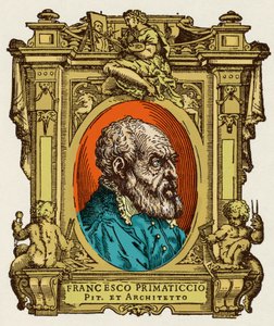Porträtt av Francesco Primaticcio känd som The Primatice (1504-1570) målare, skulptör och arkitekt. Han var medlem av Ecole de Fontainebleau. Gravering av godbiten "" Livet för de mest utmärkta målarna, skulptörerna och arkitekterna "" (Le Vite de