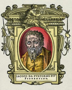 Porträtt av Jacopo (Iacopo) Carrucci sa il Pontormo (Pontormo) (1494-1556) italiensk målare. Gravering av godbiten "" Lives of the most excellent painters, sculptors and architects "" (The Lives of the most excellent painters, sculptors and architects) av  av Giorgio Vasari