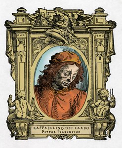 Porträtt av RAFFAELLINO DEL GARBO (Raffaellino de Carli) (1466-1525) italiensk målare. Gravering av godbiten "" Livet för de mest utmärkta målarna, skulptörerna och arkitekterna "" (Le Vite de