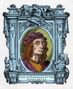 Porträtt av Raphael (Raffaello Sanzio 1483 - 1520) italiensk arkitekt och målare. Gravering av godbiten "" Livet för de mest utmärkta målarna, skulptörerna och arkitekterna "" (Le Vite de