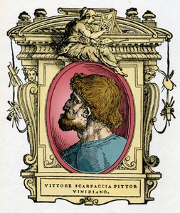 Porträtt av Vittore Carpaccio (1460-1526) venetiansk målare. Gravering av godbiten "" Lives of the most excellent painters, sculptors and architects "" (The Lives of the most excellent painters, sculptors and architects) av Giorgio Vasari av Giorgio Vasari