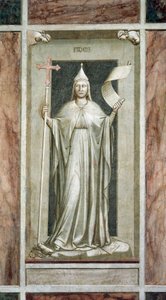 Tro, kvinnlig figur som håller korset och en rullsymbol för den uppenbarade sanningen, samtidigt som de förstör en idol och står på symboler för kabbalan, av Giotto, cykel av fresker The Vices and Virtues, efter restaurering, Scrovegni Chapel, Padua, Venet av Giotto (c.1266 1337)