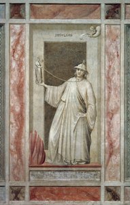 Trolöshet (även kallad avgudadyrkan), manlig figur som vänder sig bort från Gud och håller en idol som håller honom bunden vid halsen, av Giotto, detalj från freskercykeln The Vices and Virtues, efter restaureringen, Scrovegni Chapel, Padua, Veneto, Italie