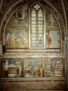 Scener ur St. Franciskus liv: Den enkla mannen hedrar St. Franciskus; St Francis ger sin kappa till den fattige riddaren; St Francis ser i drömmen ett palats fullt av vapen av Giotto (c.1266 1337)