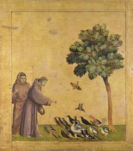 St. Franciskus av Assisi predikar för fåglarna (olja på panel)