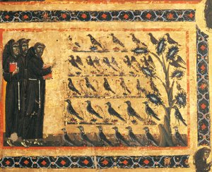 Berättelser om St Francis: St Francis predikar för fåglar, fresk av Giotto (1267-1337), ca 1325. Bardi Chapel of Vernio, Basilica of Santa Croce, Florens. Italien