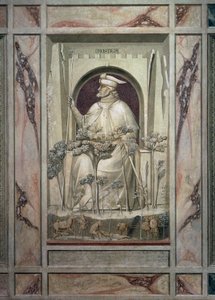 The Injustice, en gammal man som håller ett svärd i sina händer medan framför honom växer ondskans träd, av Giotto, detalj från cykeln av fresker The Vices and Virtues, efter restaureringen 2002, Scrovegni Chapel, Padua, Veneto, Italien. av Giotto (c.1266 1337)