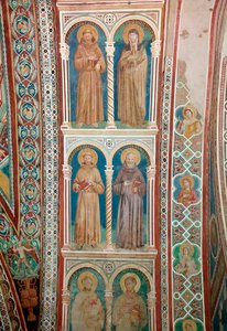 Representation av de heliga Francois av Assisi, St. Claire, St. Benedict och St. Anthony av Padua (freskomålning) av Giotto (c.1266 1337)