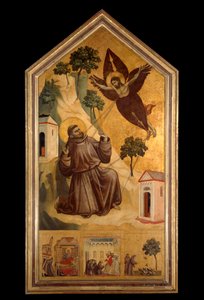 Saint Francois av Assisi tar emot stigmas Tempera på trä av Giotto di Bondone (1266-1337) omkring 1300, sön. 3,13 x 1,63 m. - Stigmata av St Francis. Tempera på trä av Giotto di Bondone (1266-1337) omkring 1295-1300. 3,13 x 1,63 m. Louvren, av Giotto (c.1266 1337)
