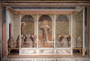 Den helige Franciskus dyker upp i ett kapitel i Arles under förutsagan av den helige Antonius av Padua (Fresco av Giotto (c.1266 1337)