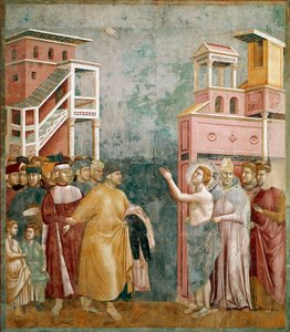 Avstående av egendom. Saint Francois lämnar tillbaka kläderna till sin far. Målning av Giotto di Bondone (1267-1337)