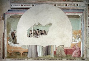 Visioner av den helige Franciskus av Assisis himmelsfärd: brodern Augustinus reser sig från sin säng medan biskopen fortfarande ligger i det närmaste rummet, hjälpt av två tjänare vid foten av sängfresken, ca. 1325 av Giotto (c.1266 1337)