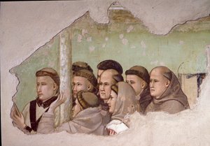 Avsnitt av Saint Francois av Assisis liv: "" Saint Francois visar sig för Fra Agostino och till en eveque"" Detalj som representerar en grupp franciskanermunkar. Fresk av Giotto da Bondone av Giotto di Bondone