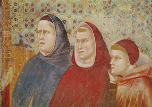 Saint Francis predikar en predikan till påven Honorius III, detalj av tre prelater på höger sida, ca 1297-99 av Giotto di Bondone
