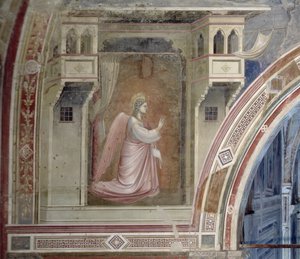Bebådelsen, detalj av ängeln Gabriel, från lunetten ovanför altaret, fresk ca 1305 av Giotto di Bondone