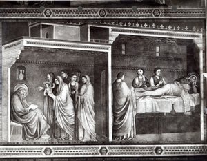 Johannes Döparens födelse och hans far Zacharias skriver hans namn av Giotto di Bondone