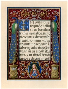 Textsida med Jungfrun och två påfåglar, c1490