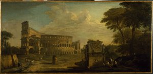 Utsikt över Colosseum, Rom (olja på duk) av Giovani Paolo (attr. to) Panini