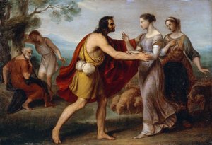 Möte mellan Jacob och Rachel, av Giovanni Carnovali känd som Piccio (1804-1873), olja på koppar, 38x53 cm av Giovanni Carnovali