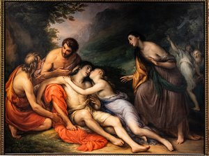 Aminta återupplivas i Silvias vapen, ca 1832-33 (olja på duk)