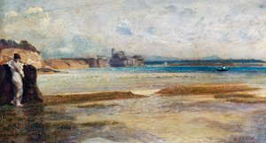 Månens nedgång i Tyrrenska havet, målning av Nino Costa (1826-1903), Italien