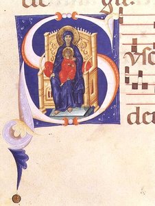 Ms 562 f.16r Historikert initial "S" föreställande Madonnan och barnet på tronen, från en gradual från klostret San Jacopo di Ripoli, tidigt 1300-tal av Giovanni (follower of) Cimabue