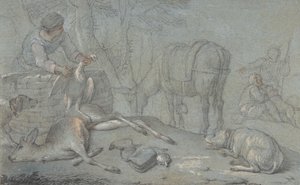 Jägare med dött vilt i ett landskap, 1600-1800. av Giovanni Agostino Cassana