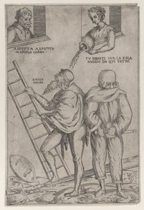 En man klättrar upp på en stege medan en kvinna kastar vatten på honom från ovan, 1575-99.