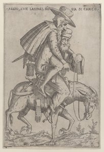 Karikatyr med två män på en mula, 1575-99.