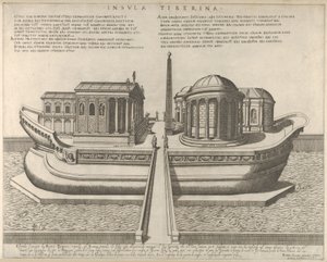 Utsikt över Tiberön representerad som ett skepp, Aesculapius tempel till vänster, 1582., 1582.