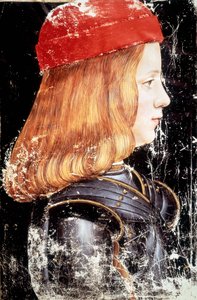Porträtt av Maximilian Sforza (1490 - 1530). Miniatyr av Giovanni Ambrogio De Predis (v. 1455 - 1508).