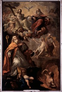 Representation av Sankt Nikolaus av Bari och den heliga treenigheten Gud, Jesus Kristus och den helige Andes duva (Saint Nikolaus av Bari och den heliga treenigheten) Målning av Andrea Carlone (1639-1697) Santa Margherita-kyrkan, Santa Margherita Ligure It