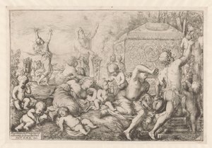 Bacchanal med altaar, faun och Silenus