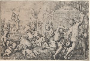 Bacchanal med altare, faun och Silenus