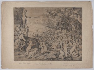 Putti före en staty av Venus, efter Tizian, 1636.