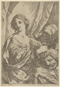Judith greppar Holofernes huvud i håret och tittar åt vänster, en gammal kvinna, 1600-1640.