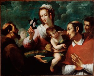 Jungfru och barn med Charles Borromee (Jungfru och barn med den helige Carlo Borromeo) Målning av Giovanni Andrea de Ferrari (ca 1598-1669) Genes, Musei di Strada Nuova (ex Palazzo Bianco)