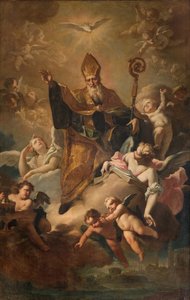 Södra tvärskeppet, San Benedettos altare, Sankt Benedictus i Gloria medan han välsignade staden, Altartavla av Giovanni Angelo Borroni, San Benedetto i Gloria medan han välsignade staden 1744 av Giovanni Angelo Borroni