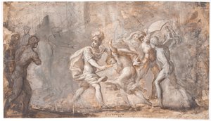 Tarpeia krossas under sabinernas sköldar av Giovanni Angelo Canini