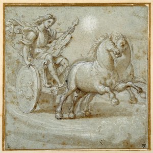 Apollo sittande i sin vagn med sin viol (svart krita, penna & brunt bläck med brun tvätt förhöjd med vit kroppsfärg på carta azzurra) av Giovanni Antonio (circle of) Pordenone