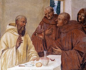 Benedictus bryter ett glas förgiftat vin och gör korsets tecken. Detaljfresk av klädseln gjord av Antonio Bazzi dit il Sodoma (1477 - 1549) som berättar om livet för den helige Benediktus av Nursie (480 - 567) grundare av Benediktinerorden 1503 - 1508 av Giovanni Antonio Bazzi Sodoma