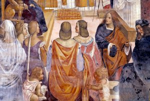 Benedict exkommunicerade två nunnor och frikänner dem efter deras död. Detail Cloister fresk av Antonio Bazzi dit il Sodoma (1477 - 1549) som berättar om livet för Saint Benedict of Nursie (480 - 567) grundare av Benediktinerorden 1503 - 1508 Abbey of Mo av Giovanni Antonio Bazzi Sodoma