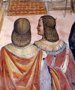 Benedict exkommunicerade två nunnor och frikänner dem efter deras död. Detail Cloister fresk av Antonio Bazzi dit il Sodoma (1477 - 1549) som berättar om livet för Saint Benedict of Nursie (480 - 567) grundare av Benediktinerorden 1503 - 1508 Abbey of Mo av Giovanni Antonio Bazzi Sodoma