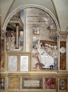 Benedict får mjöl i överflöd och matar munkarnas fresk av klostret gjord av Antonio Bazzi dit il Sodoma (1477 - 1549) som berättar om livet för Saint Benedict of Nursie (480 - 567) grundare av Benediktinerorden 1503 - 1508 Abbey Oliveto av Giovanni Antonio Bazzi Sodoma