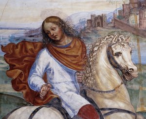 Benedict lämnade sin fars hus och åkte till Rom för att studera Detail - fresk av klädseln realiserad av Antonio Bazzi dit il Sodoma (1477-1549) som berättar om livet för den helige Benediktus av Nursia (480 - 567) grundare av Benediktinerorden 1503 - 1508 av Giovanni Antonio Bazzi Sodoma