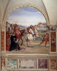 "Hur Benedictus lämnade sin fars hus och gick till Rom för att studera" (Benedict lämnade sin fars hus och gick till Rom för att studera) Klosterfresk gjord av Antonio Bazzi dit il Sodoma (1477-1549) som berättar om den helige Benediktus av Nursias liv ( 4