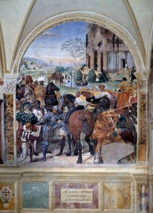 Hur Benedict förutsäger förstörelsen av Monte Cassino (St. Benedict förutsäger förstörelsen av Monte Cassino) Detalj - fresk av klostret gjord av Antonio Bazzi dit il Sodoma (1477 - 1549) som berättar om livet för den helige Benedikt av Nursie (480 - 567)  av Giovanni Antonio Bazzi Sodoma